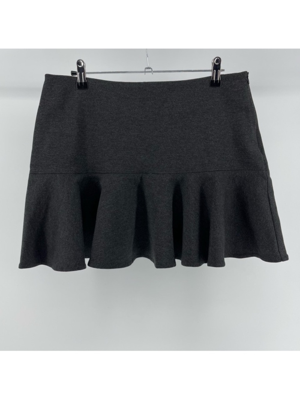 Blush Charcoal Flounce Mini Skirt, Thick Stretchy Fabric, Side Zip, Size Medium